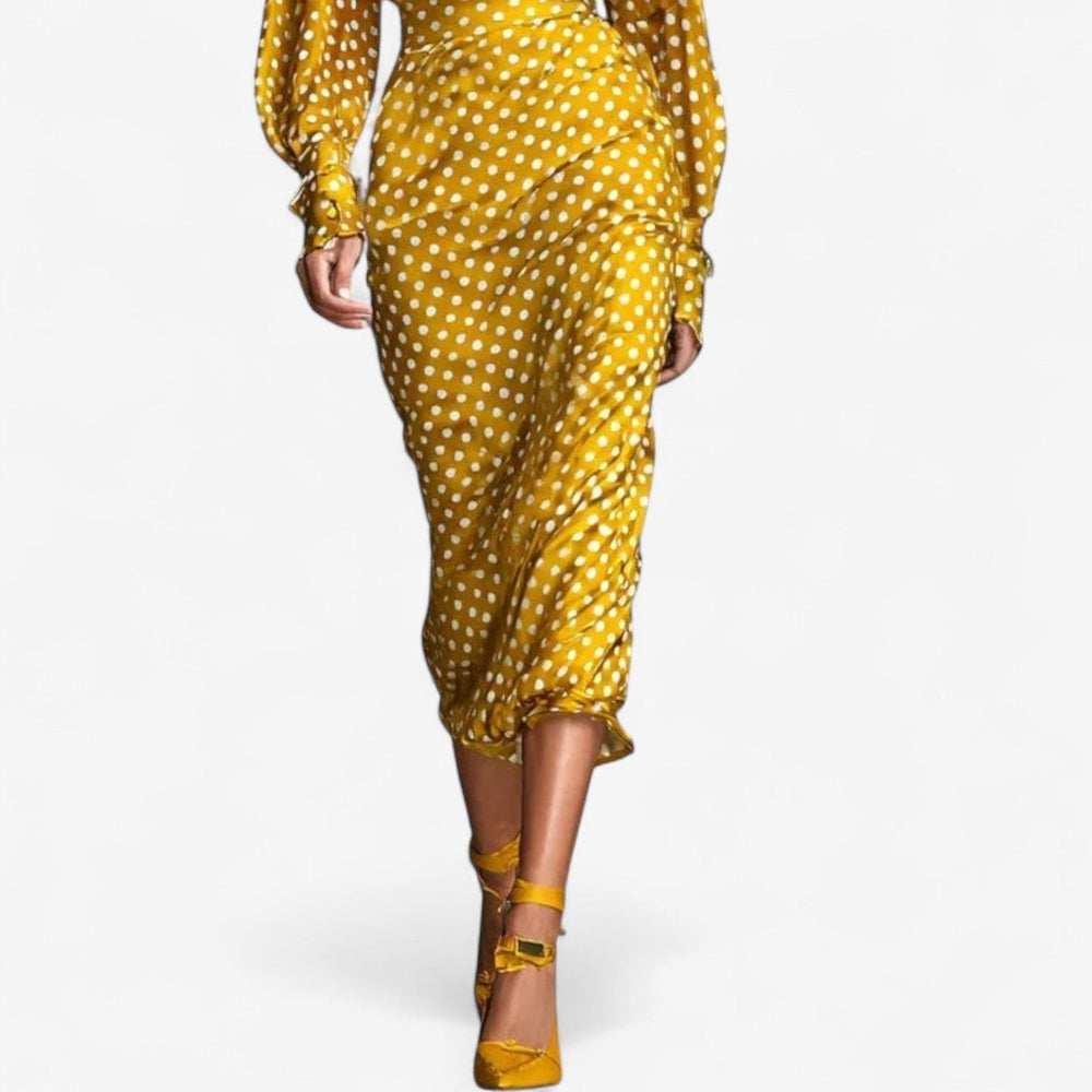 Theodora | Women's Polka Dot Tie Neck Midi Dress - Yellow - Image 2