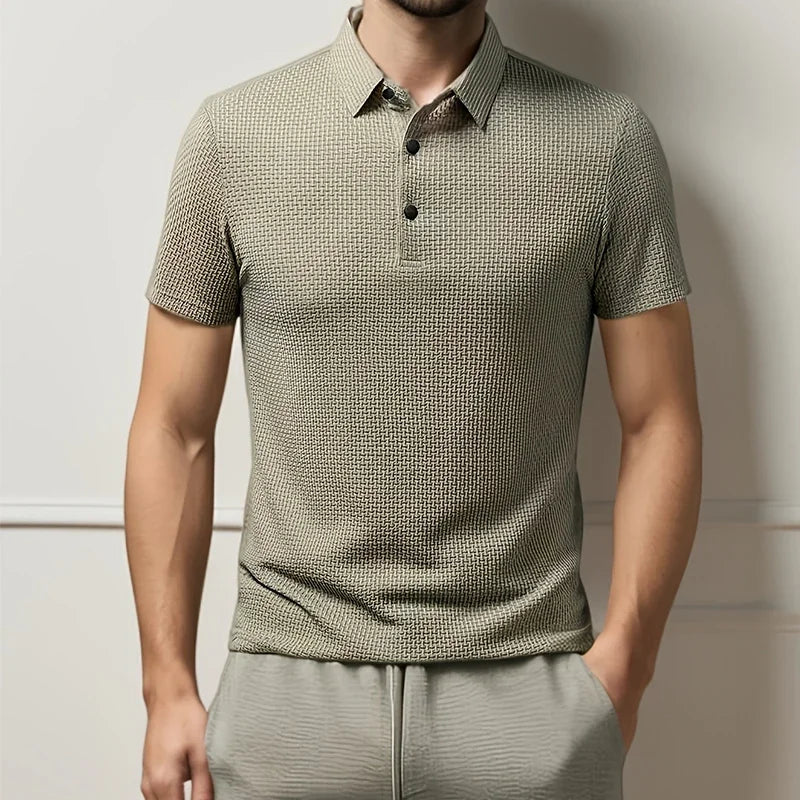 Theron | Men's Textured Short Sleeve Polo Shirt - Khaki - Image 1