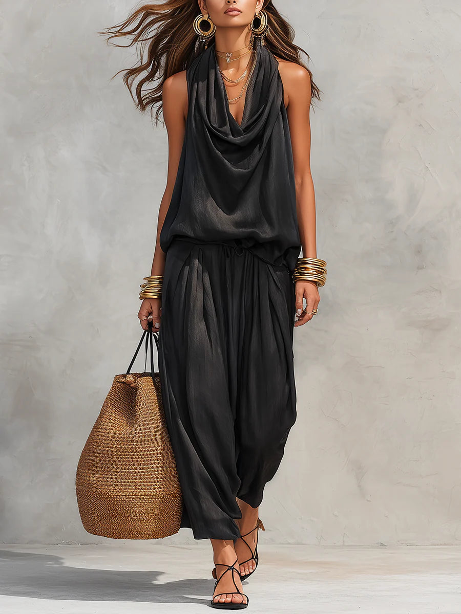 Thessa | Women's Cowl Neck Halter Wide Leg Two-Piece Set - Black - Image 1