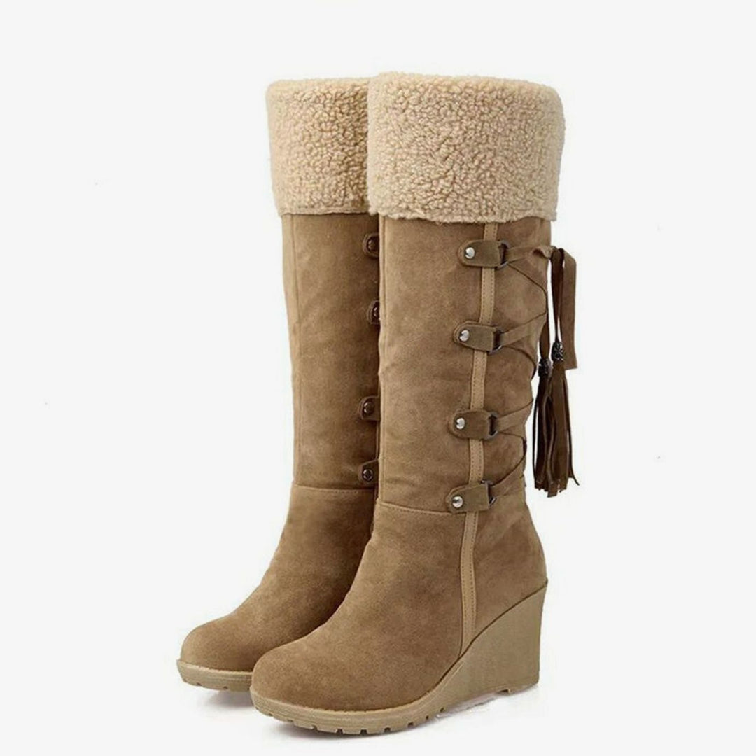 Thessaline | Women's Knee-High Winter Boots with Sherpa Cuff - Camel - Image 1