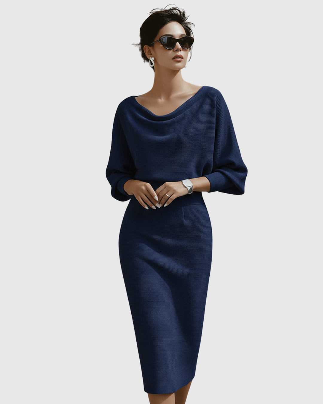 Thessaly | Women's Cowl Neck Batwing Midi Dress - Navy - Image 1