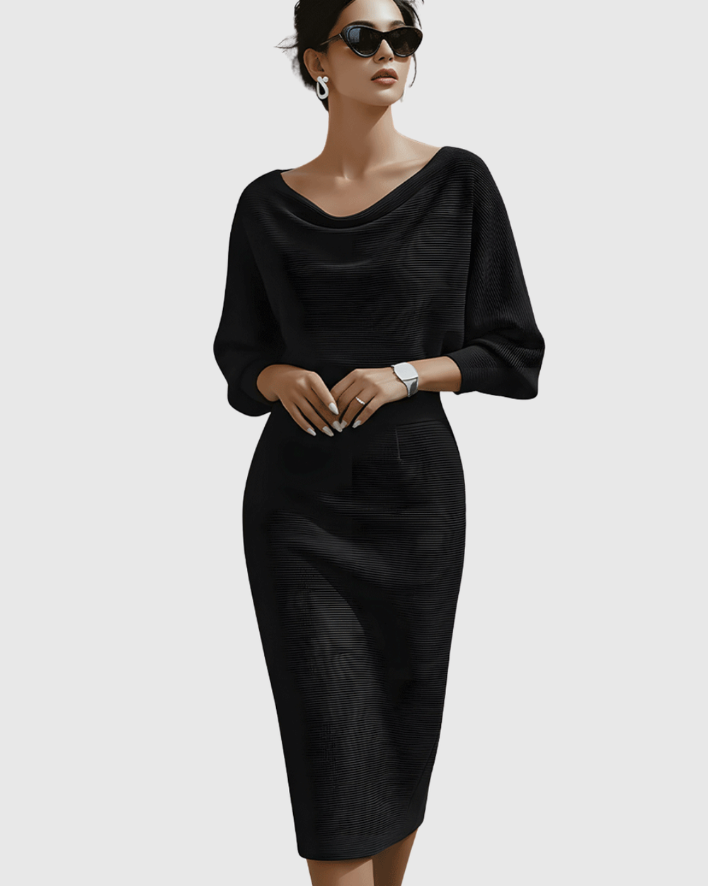 Thessaly | Women's Cowl Neck Batwing Midi Dress - Navy - Image 2