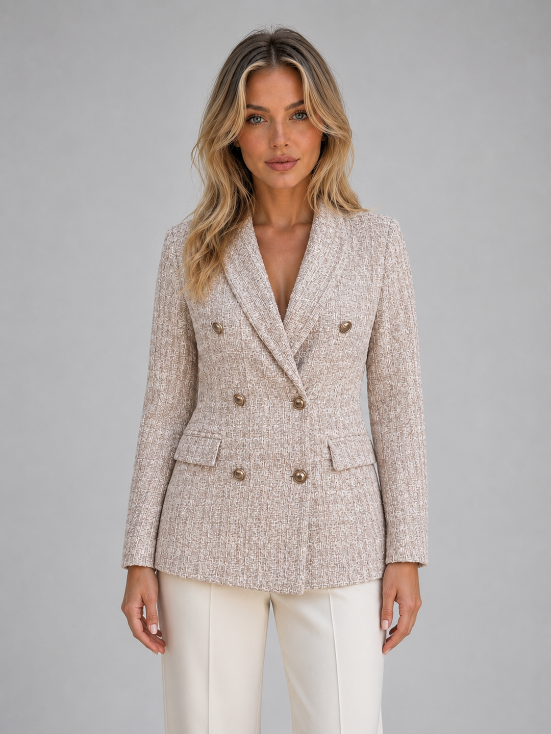 Thessaly | Women's Double-Breasted Tweed Blazer - Beige - Image 1