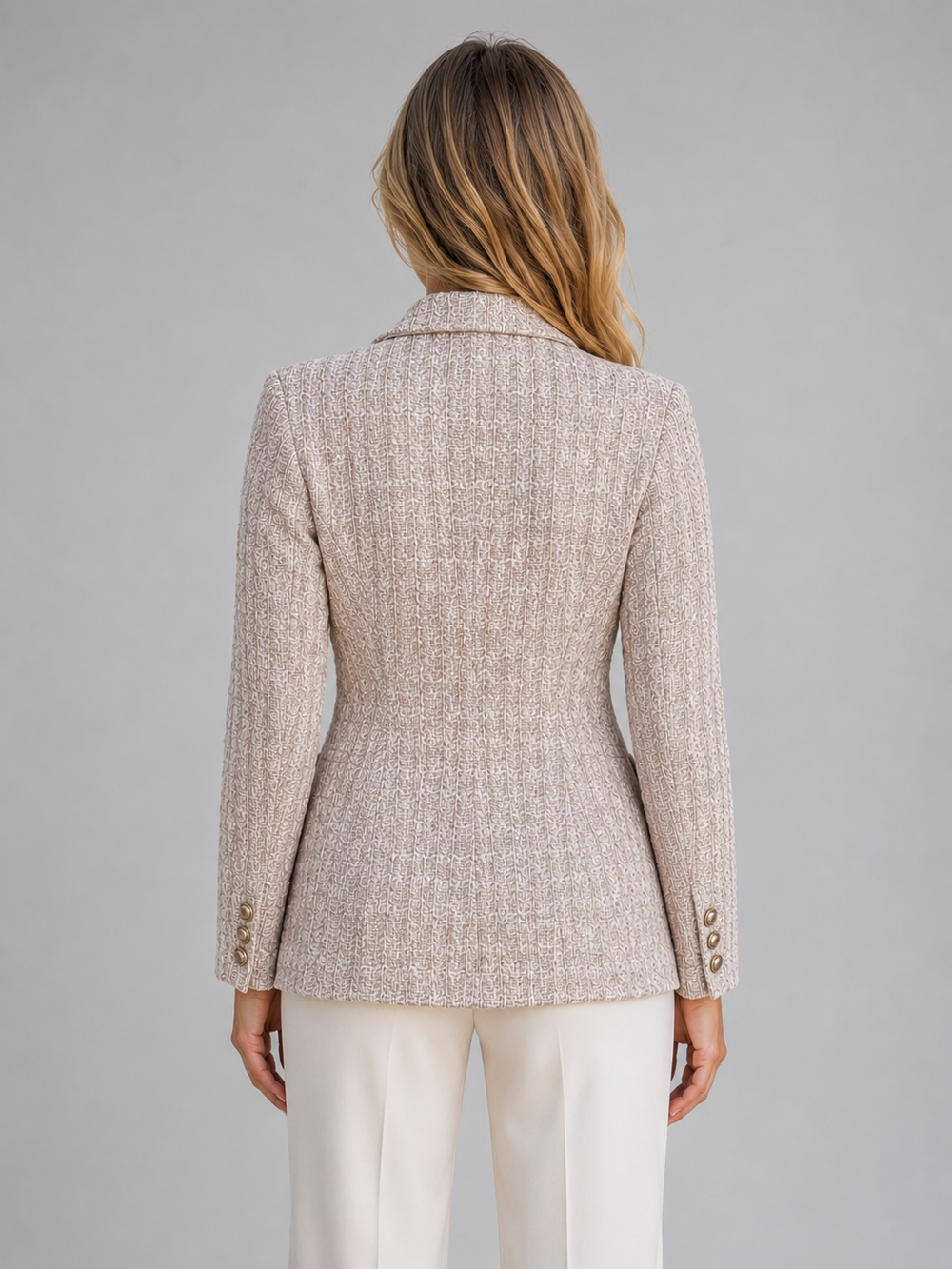 Thessaly | Women's Double-Breasted Tweed Blazer - Beige - Image 2