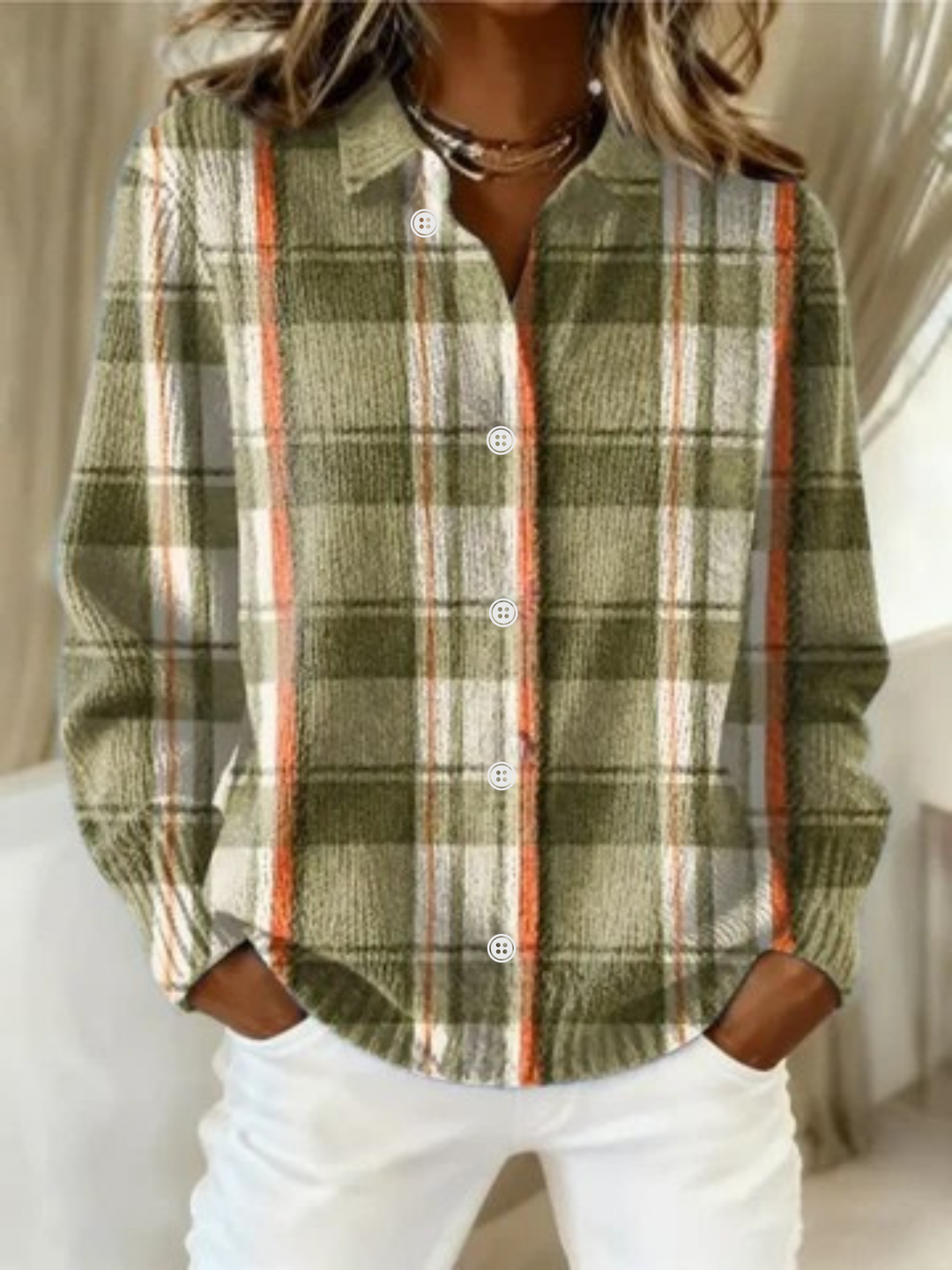 Thessaly | Women's Plaid Cardigan Shirt - Olive Green - Image 1