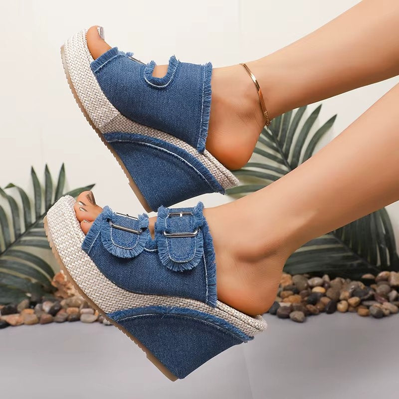 Thessania | Women's Adjustable Buckle Wedge Sandals - Blue - Image 1