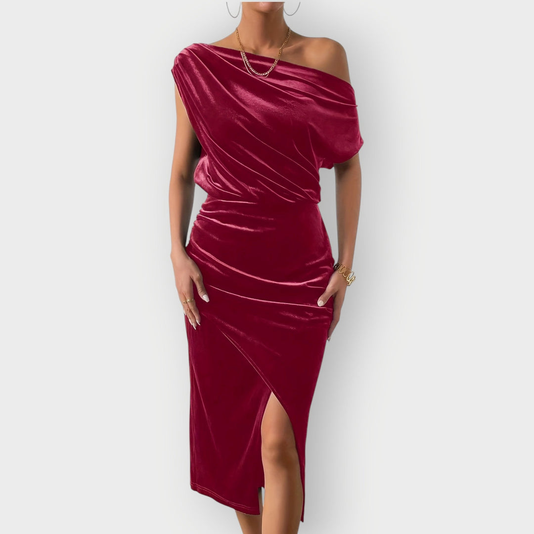 Thessara

Wait, | Women's Off Shoulder Ruched Midi Dress - Image 1