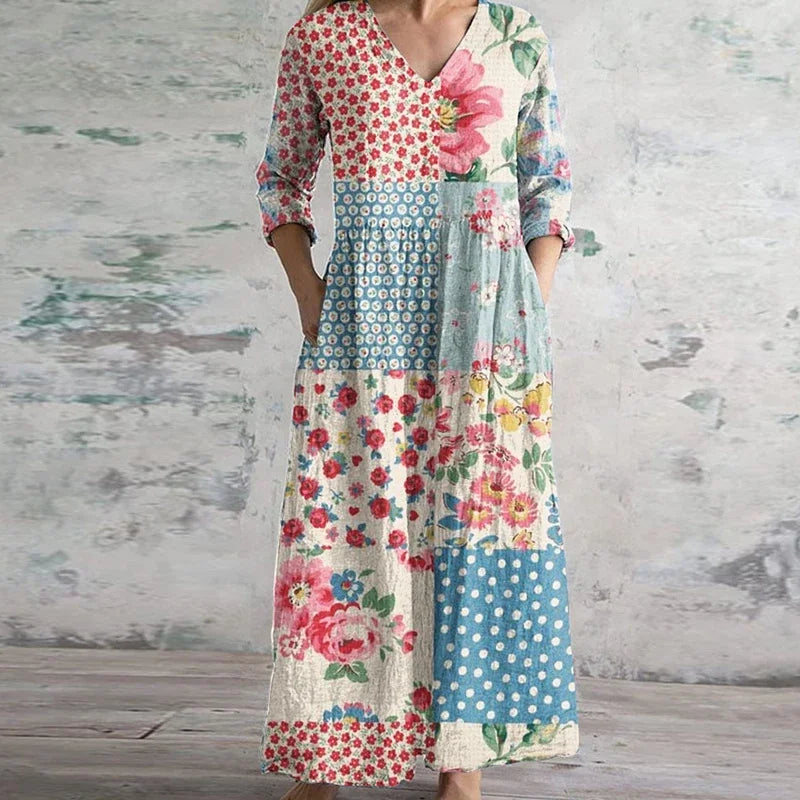 Thessira | Women's Patchwork V-Neck 3/4 Sleeve Maxi Dress - Image 1