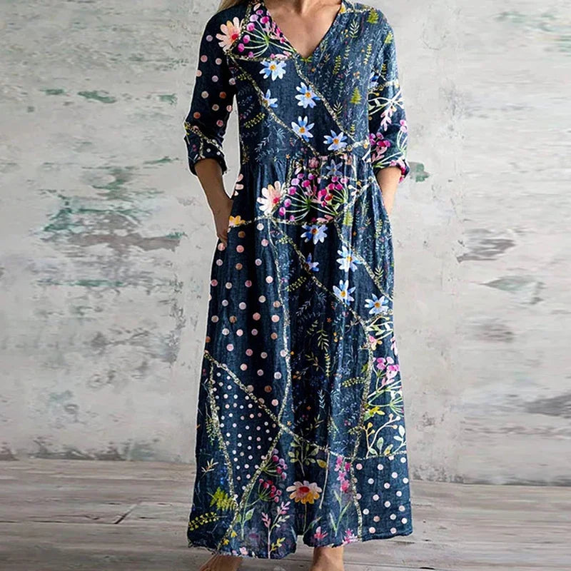 Thessira | Women's Patchwork V-Neck 3/4 Sleeve Maxi Dress - Image 2