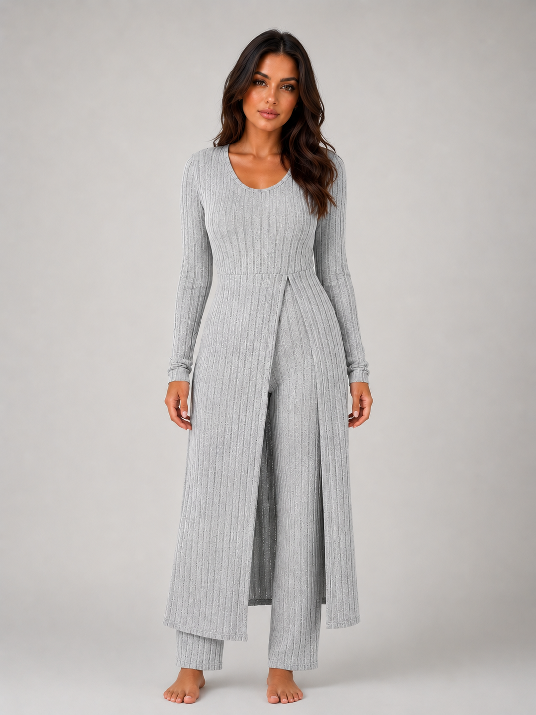 Thesswyn | Women's Ribbed Knit Co-Ord Loungewear Set - Light Grey - Image 1
