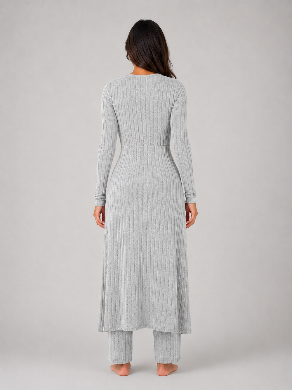 Thesswyn | Women's Ribbed Knit Co-Ord Loungewear Set - Light Grey - Image 2