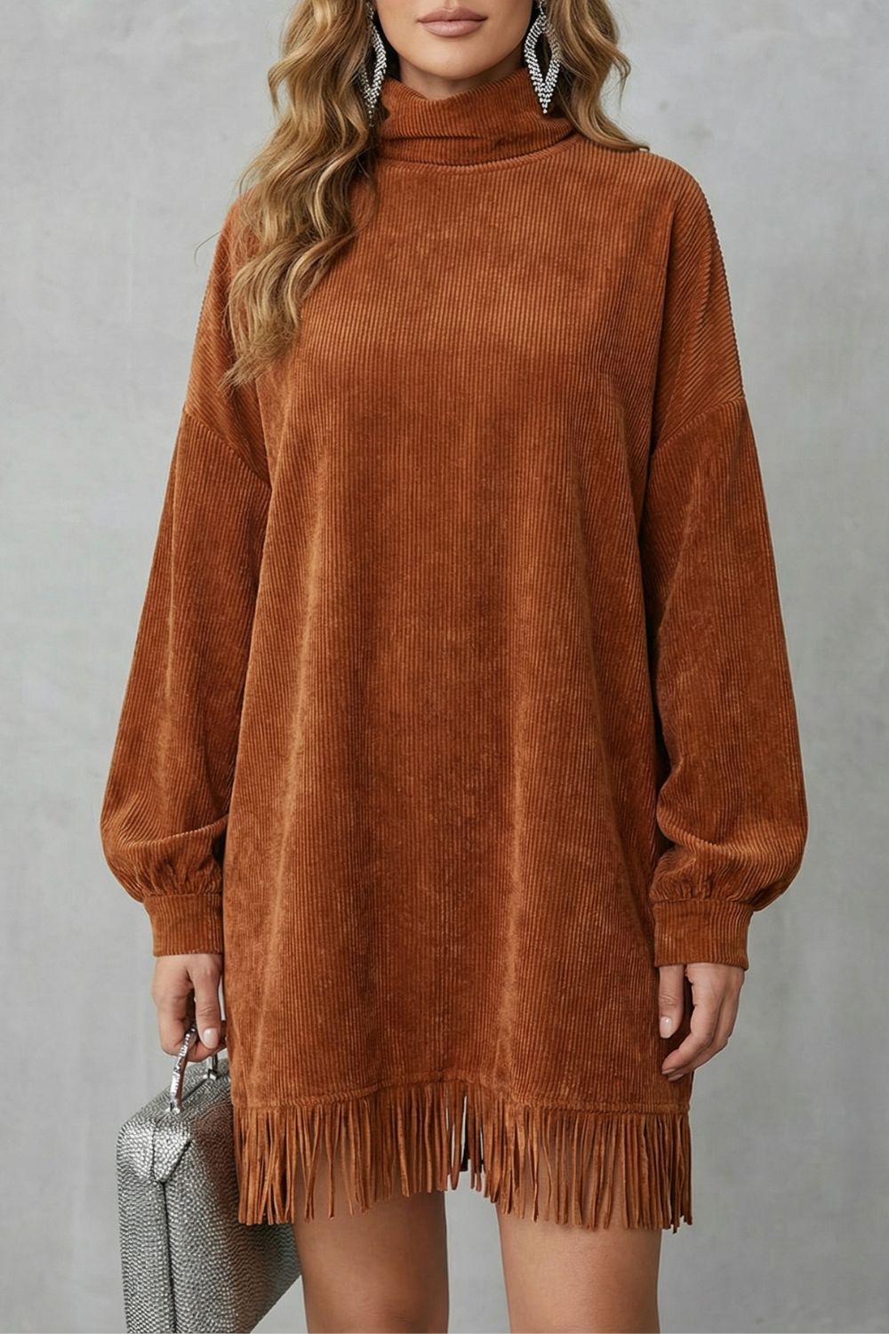 Threnara | Women's Turtleneck Ribbed Jumper Dress - Camel - Image 1