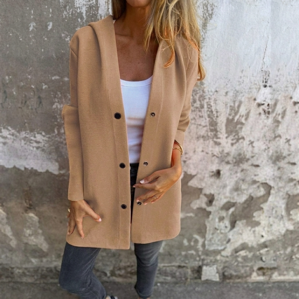 Threnelle | Women's Hooded Button-Front Longline Coat - Light Grey - Image 2