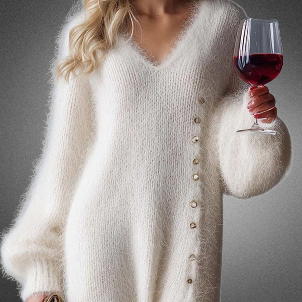 Threnelle | Women's Oversized Knit Jumper Dress - Cream - Image 2