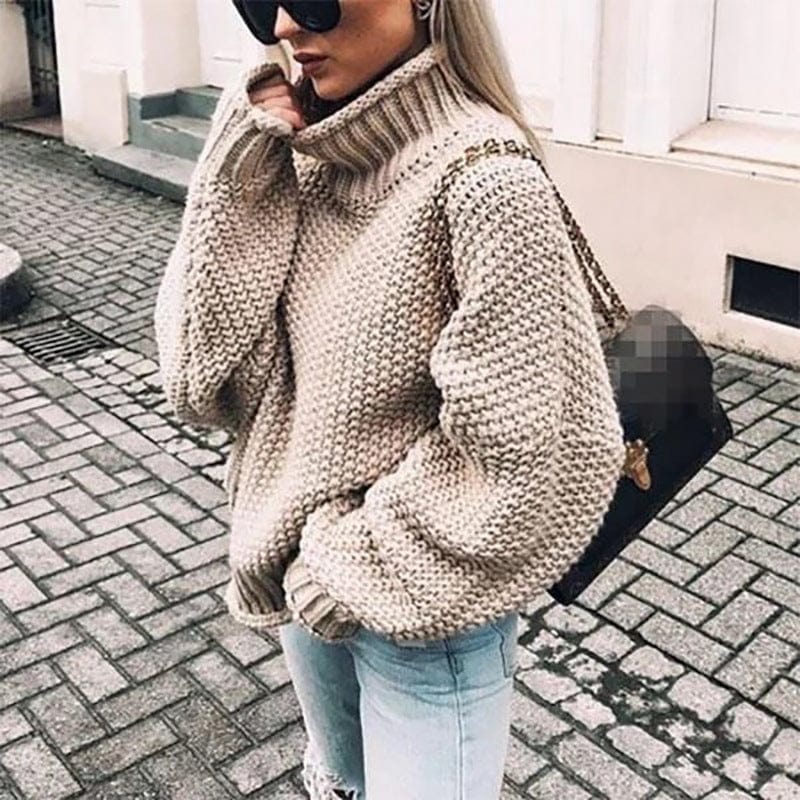 Threnfield | Women's Chunky Knit Turtleneck Jumper - Beige - Image 1