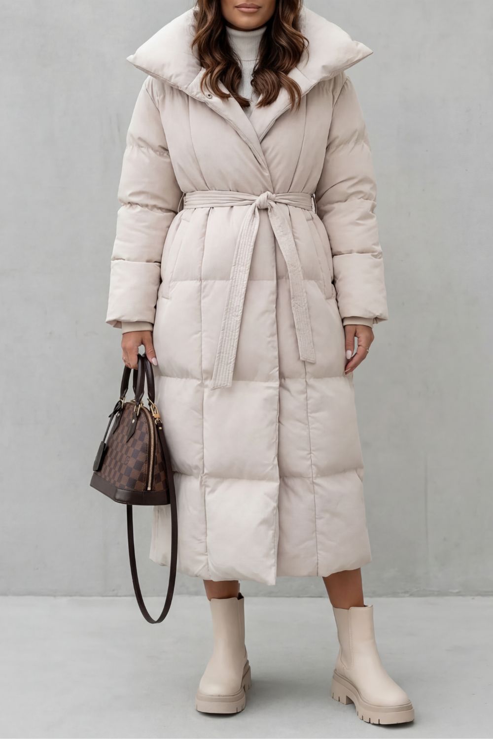 Threnwick | Women's Belted Long Puffer Coat - Beige - Image 1