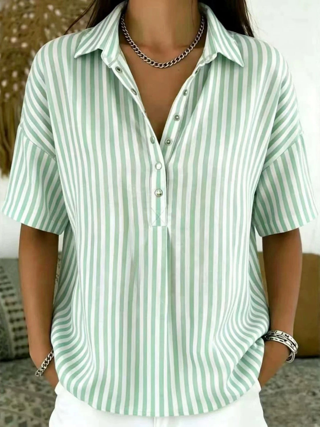 Tilda | Women's Striped Collared Half-Button Blouse - Striped - Image 1