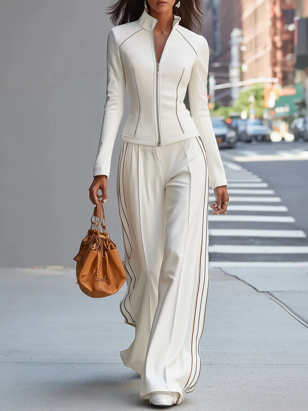Tilvaine | Women's Knit Lounge Set Wide-Leg Co-ord - Cream - Image 1