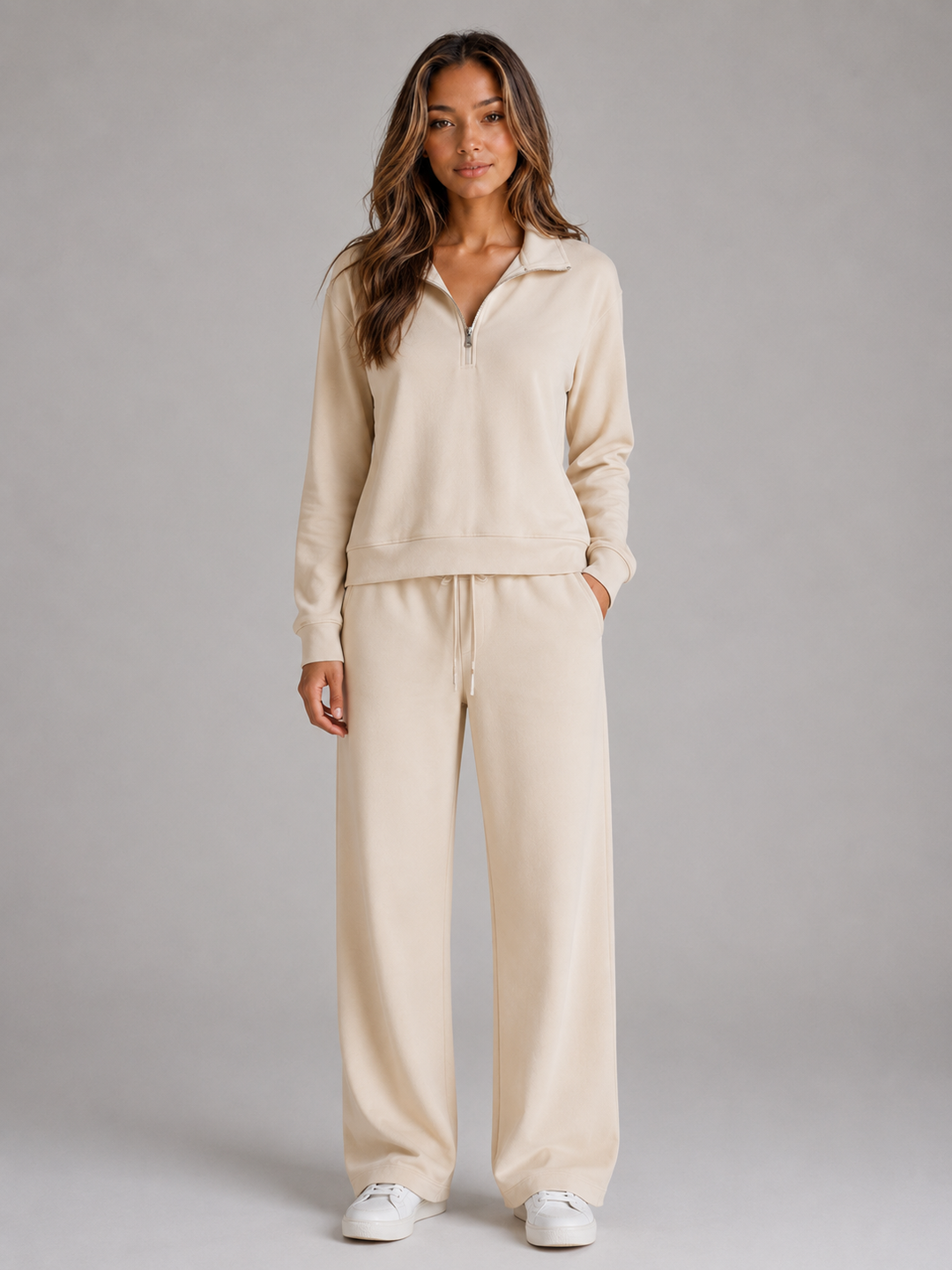 Tivelle | Women's Knit Lounge Set Wide Leg Co-ord - Cream - Image 1