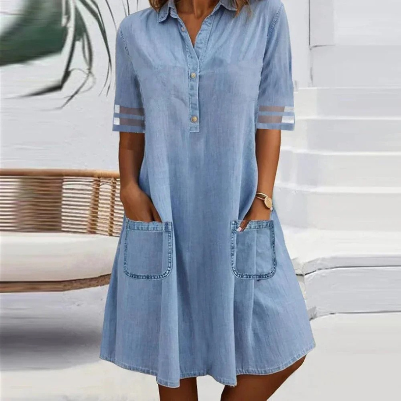 Valeria | Women's Collared Short Sleeve Mini Dress - Light Blue - Image 1