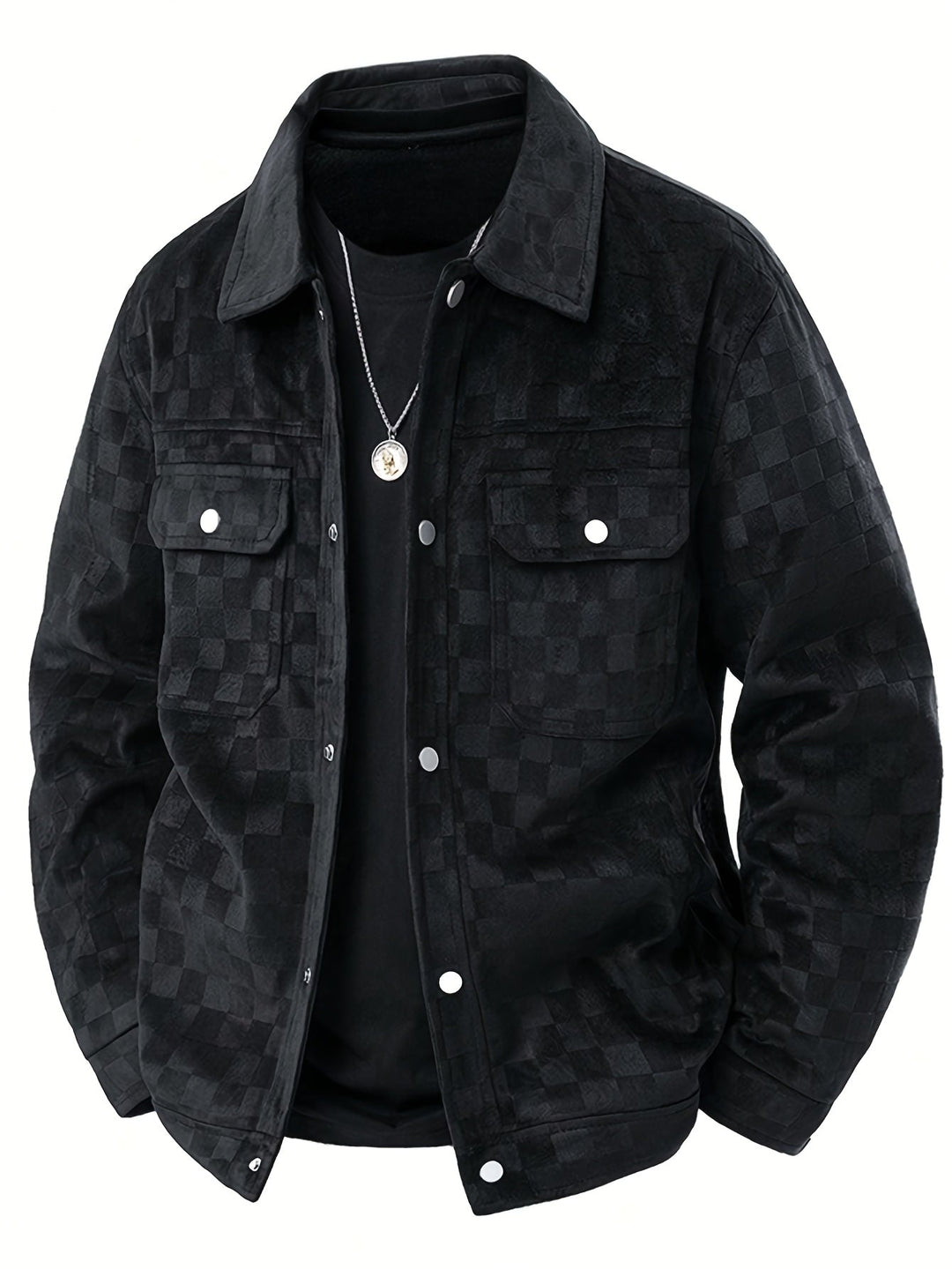 Valor | Men's Checkered Snap Button Trucker Jacket - Black - Image 1