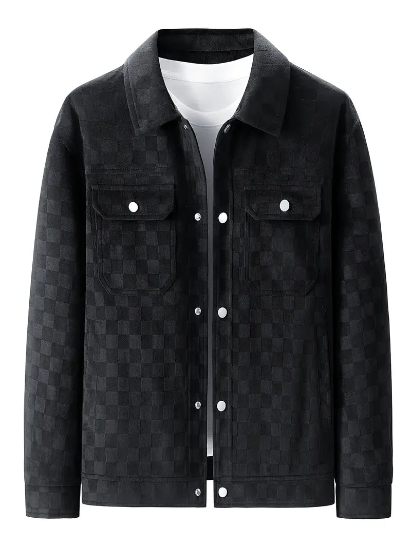 Valor | Men's Checkered Snap Button Trucker Jacket - Black - Image 2