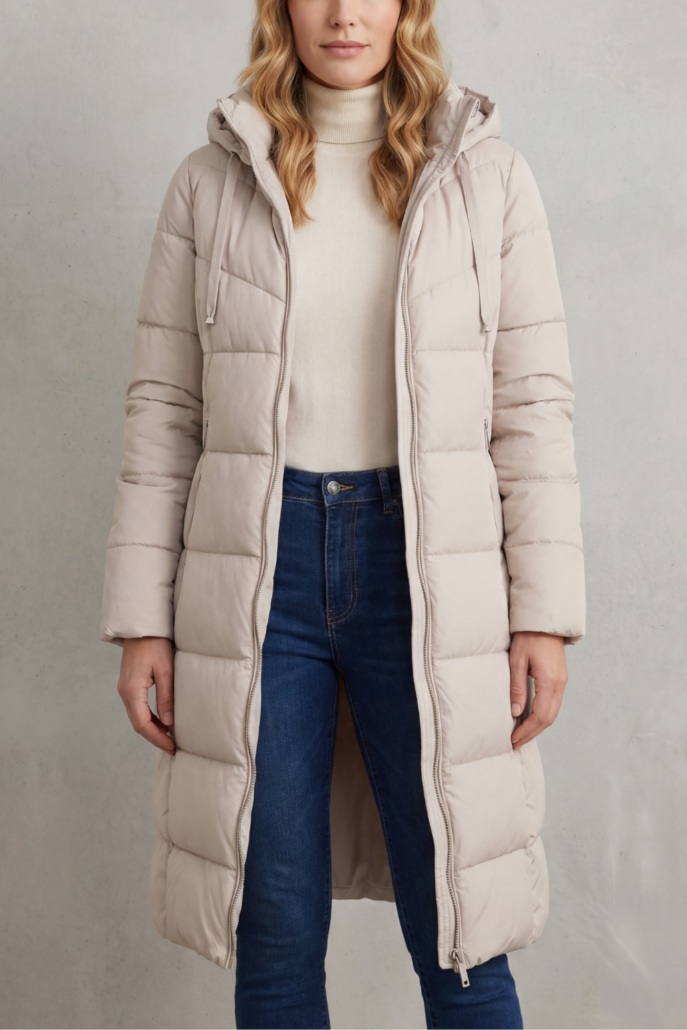 Varneth | Women's Longline Hooded Puffer Coat - Beige - Image 1