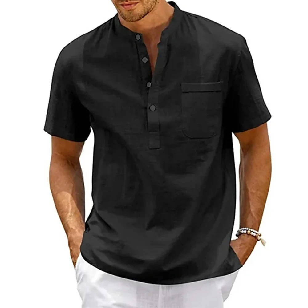 Vasco | Men's Short Sleeve Henley Band Collar Shirt - Beige - Image 2