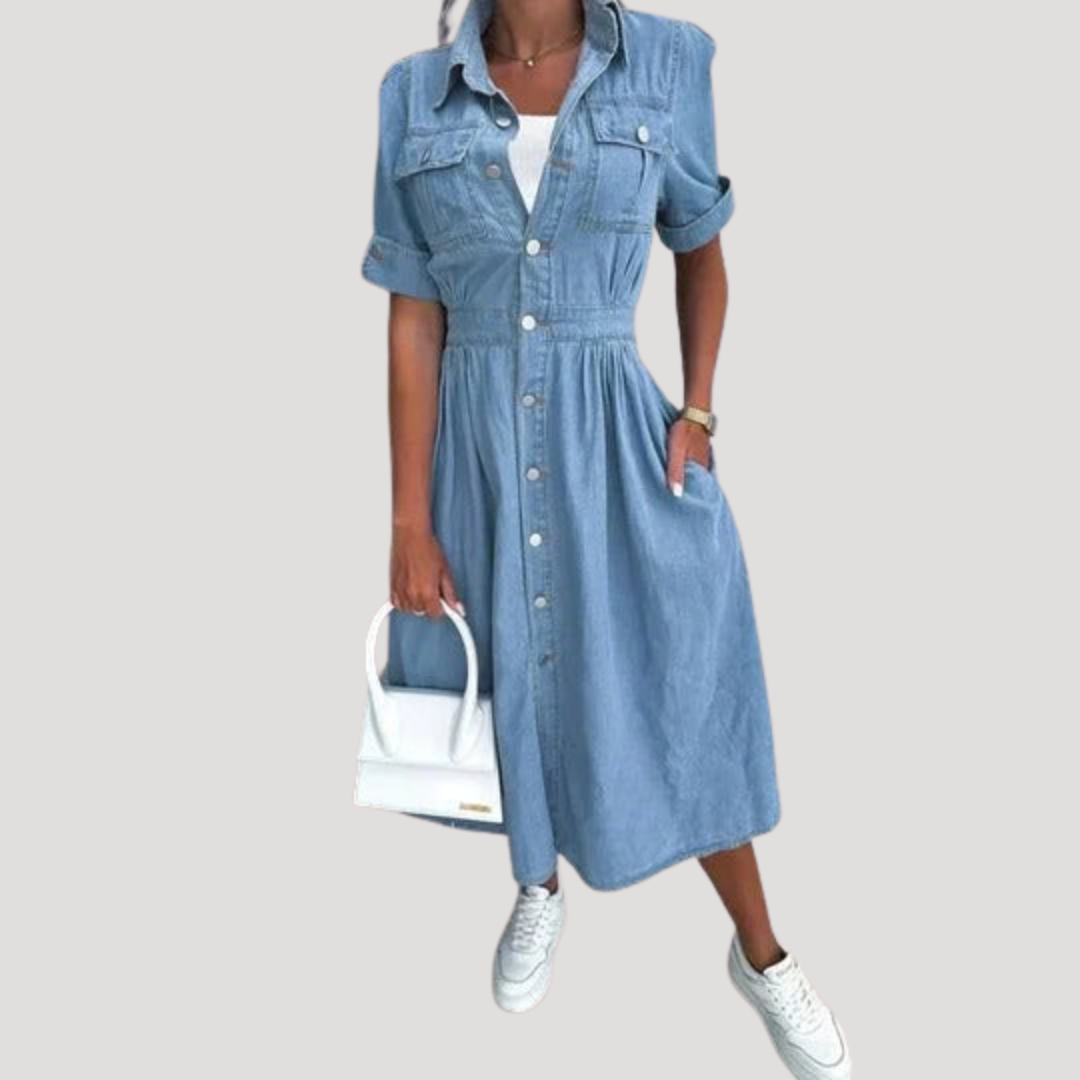 Vashti | Women's Short Sleeve Button Front Midi Dress - Light Blue - Image 1