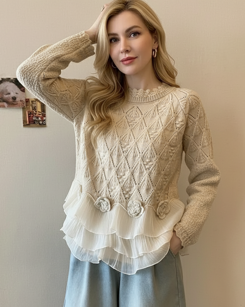 Veldova | Women's Chunky Cable Knit Jumper with Ruffle Hem - Cream - Image 1