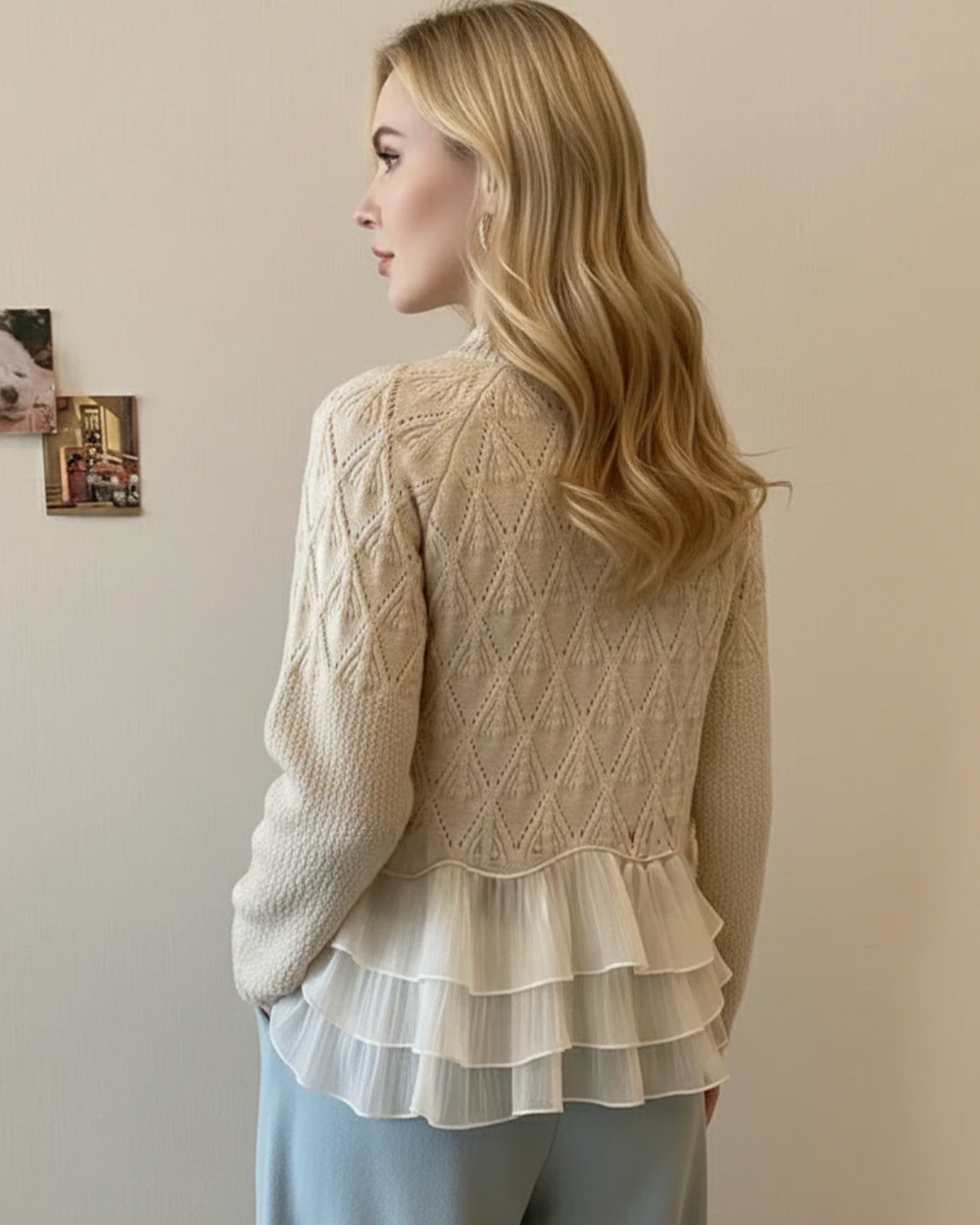 Veldova | Women's Chunky Cable Knit Jumper with Ruffle Hem - Cream - Image 2