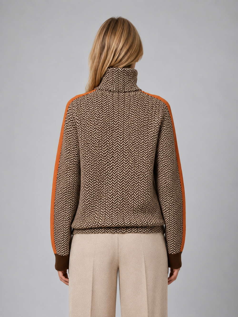 Veldwyn | Women's Turtleneck Ribbed Jumper Herringbone - Brown - Image 2