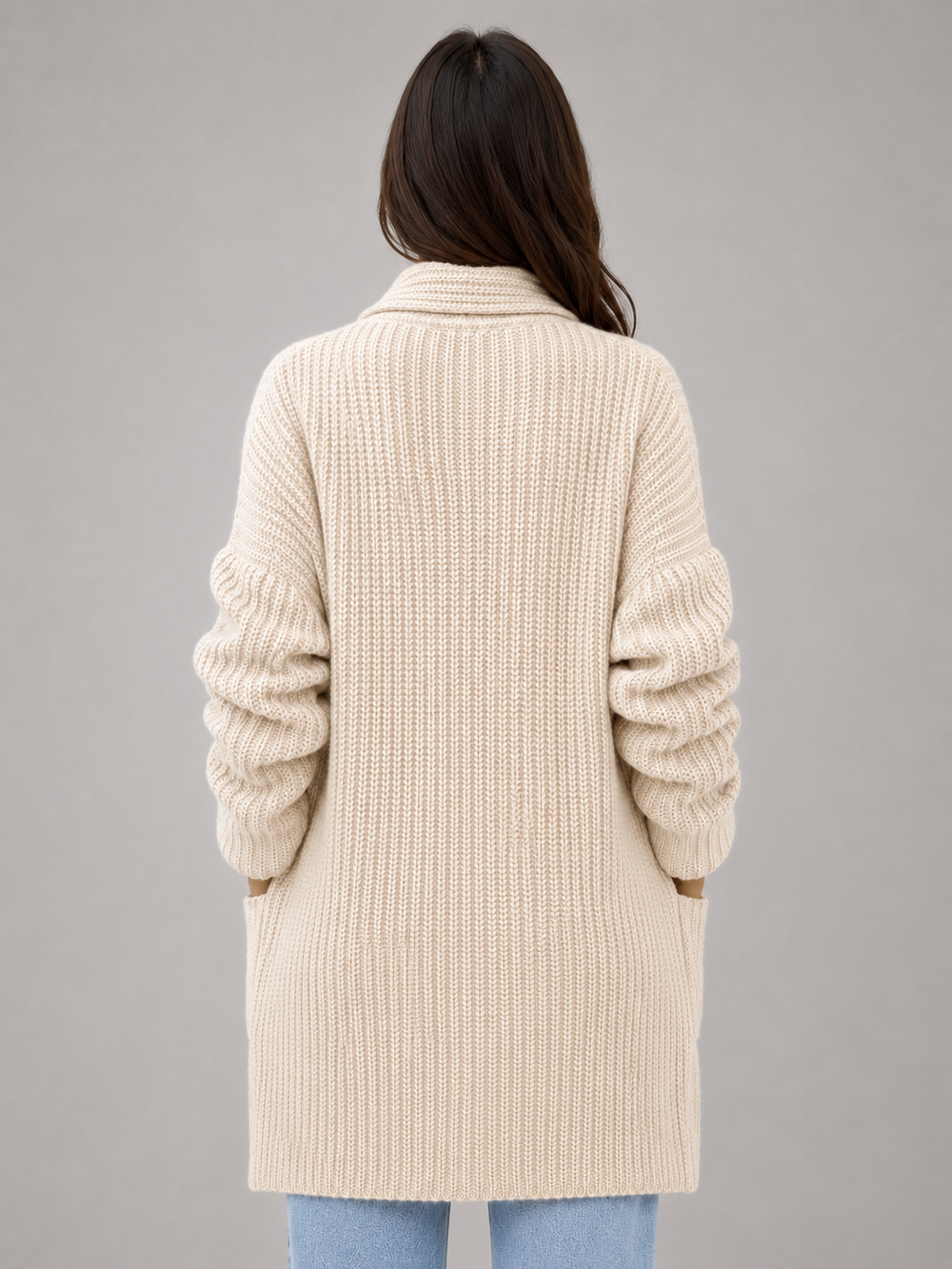 Vellwyn | Women's Longline Open Front Knit Cardigan - Cream - Image 2