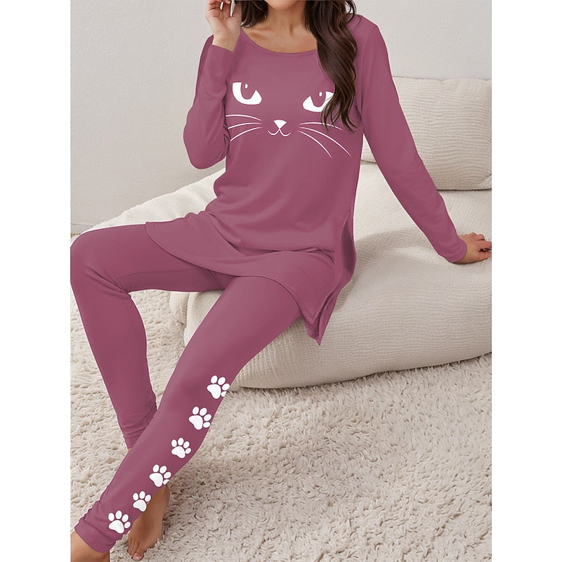 Velmara | Women's Cat Print Knit Lounge Set - Black - Image 2