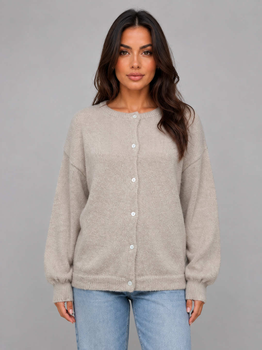 Velmoor | Women's Knit Cardigan Crew Neck - Beige - Image 1