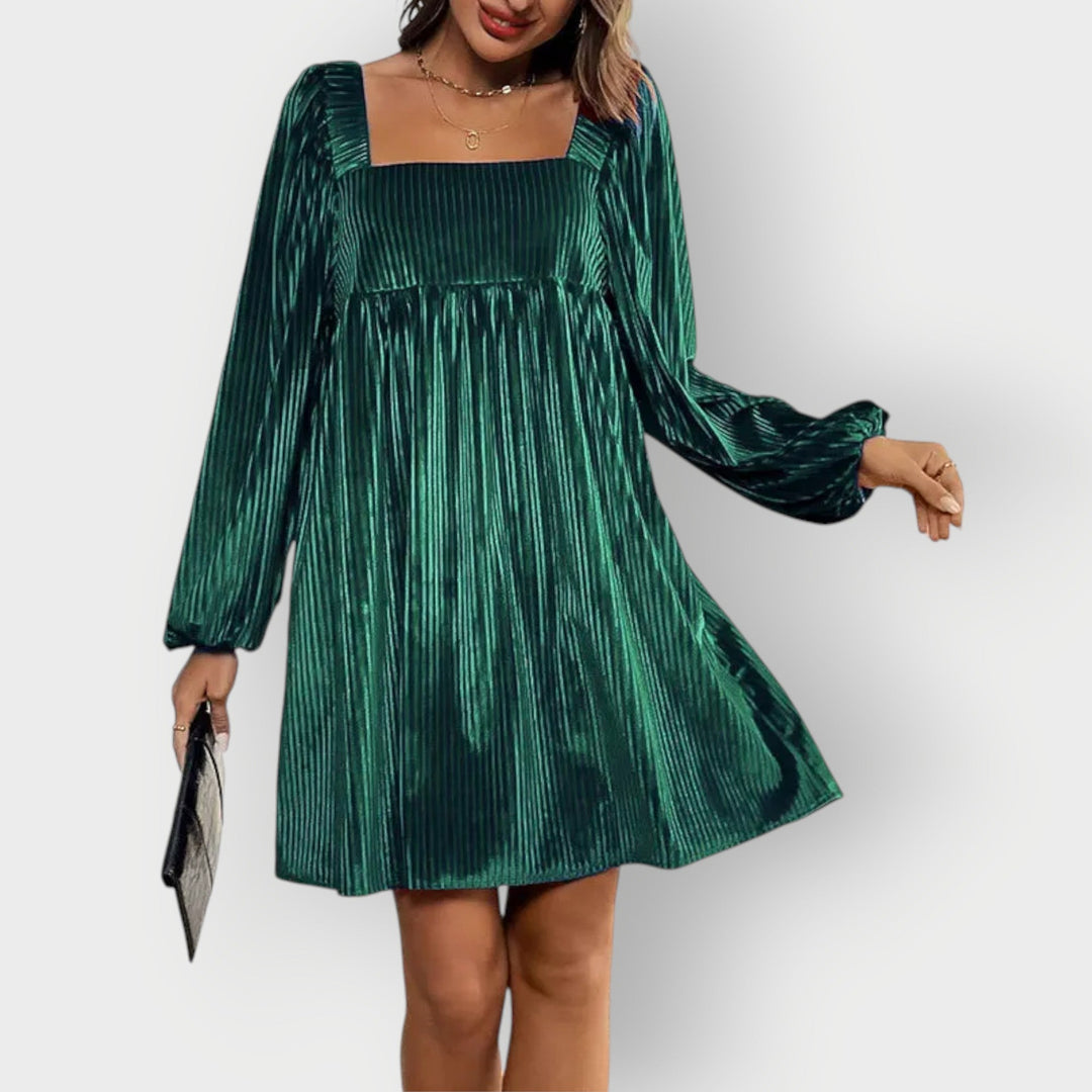 Velvaine | Women's Velvet Party Dress Square Neck - Dark Green - Image 1