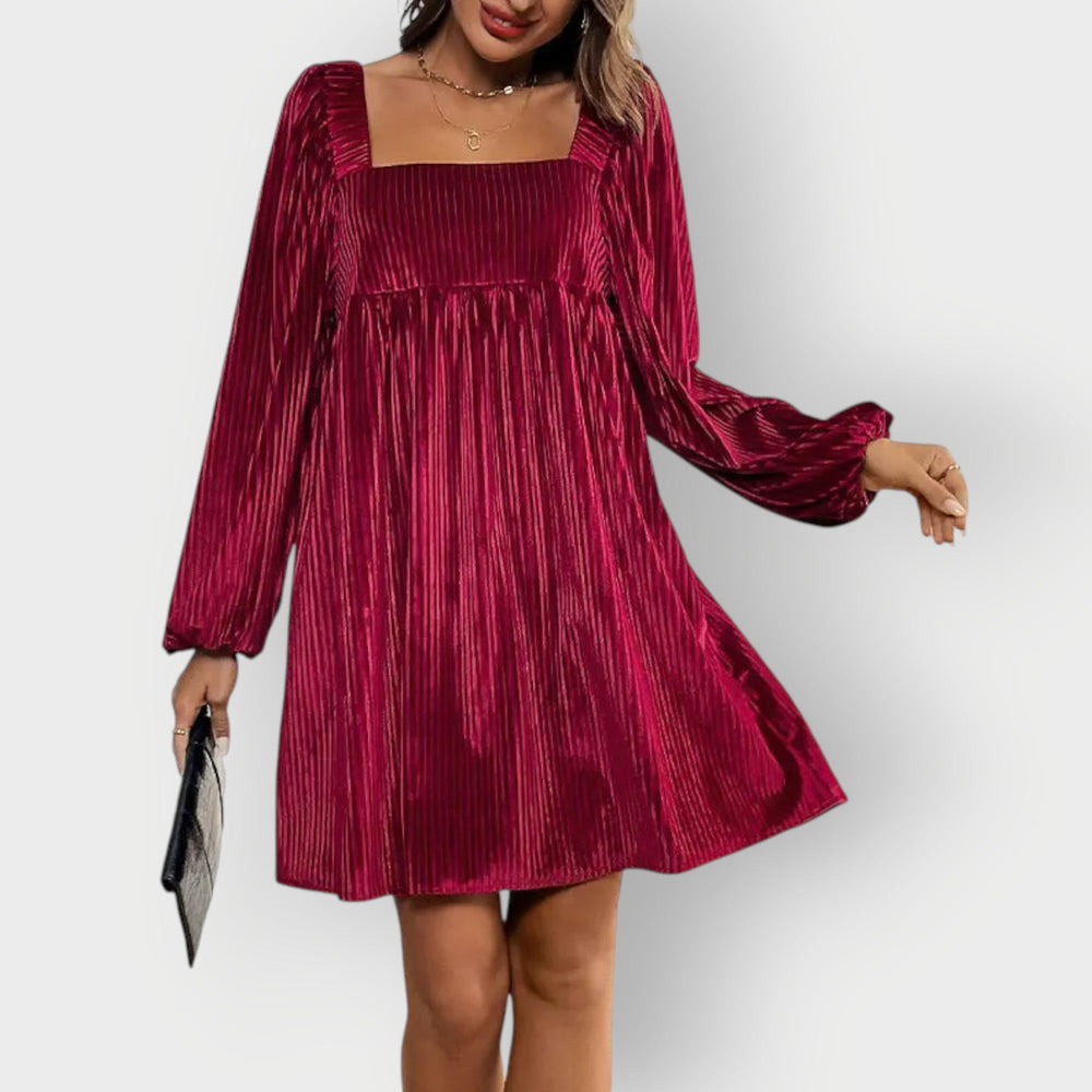 Velvaine | Women's Velvet Party Dress Square Neck - Dark Green - Image 2