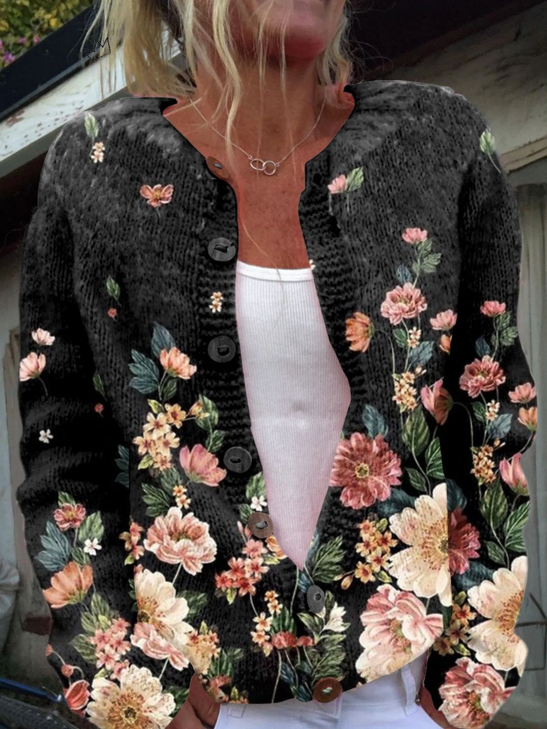 Verity | Women's Floral Print Knit Cardigan - Black - Image 1