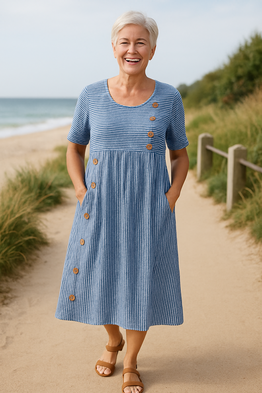 Verity | Women's Striped Short Sleeve Midi Dress - Striped - Image 1