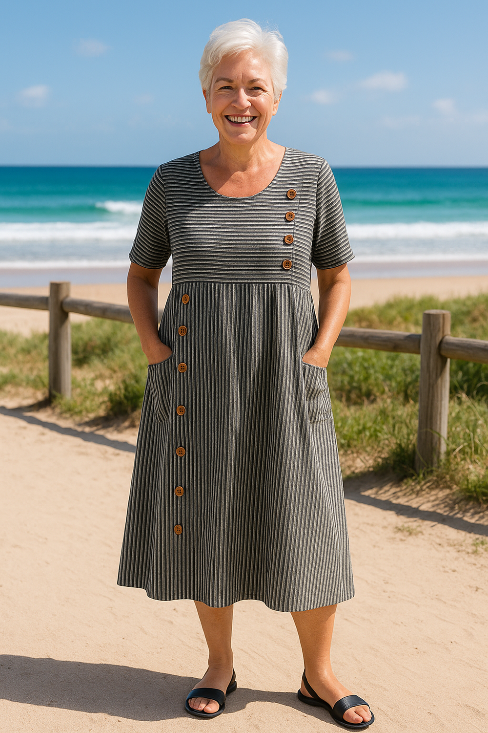 Verity | Women's Striped Short Sleeve Midi Dress - Striped - Image 2