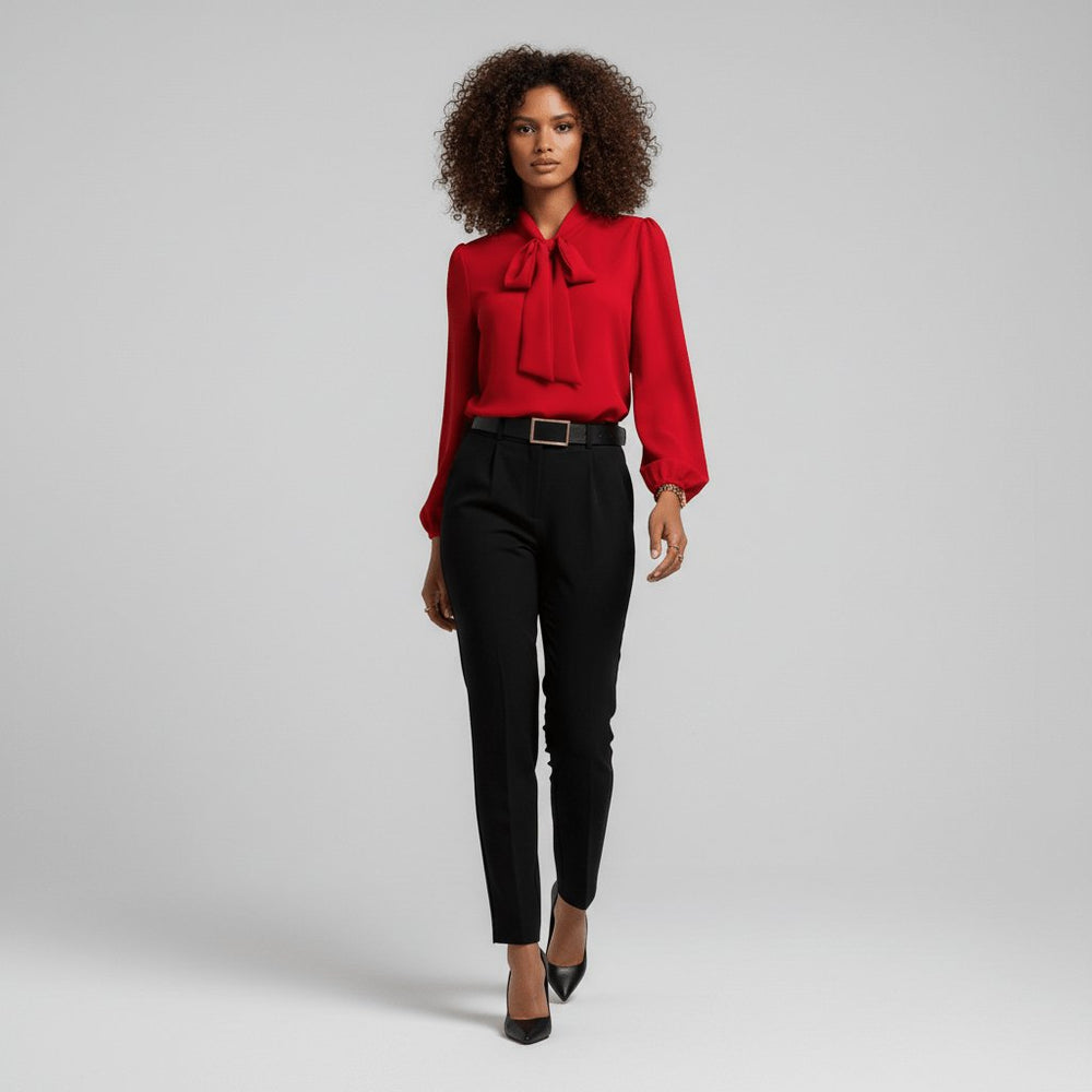 Verity | Women's Tie Neck Long Sleeve Blouse - Red - Image 2