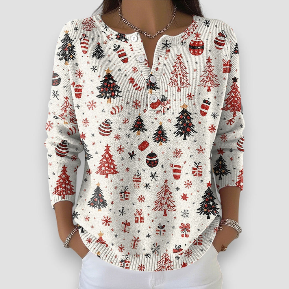 Verlowe | Women's Christmas Jumper Festive Print Top - White - Image 2