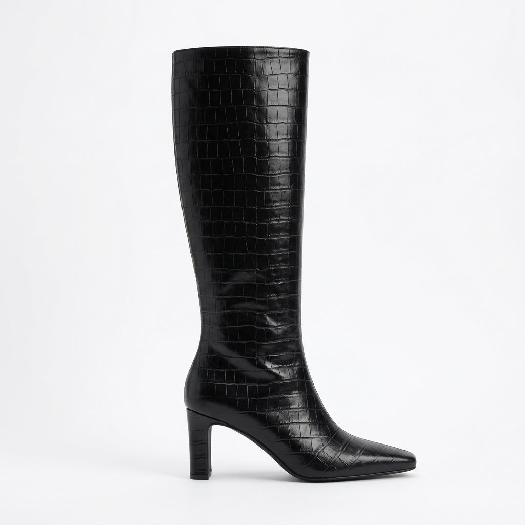 Vernelle | Women's Knee-High Boots Croc-Effect Heeled - Black - Image 1