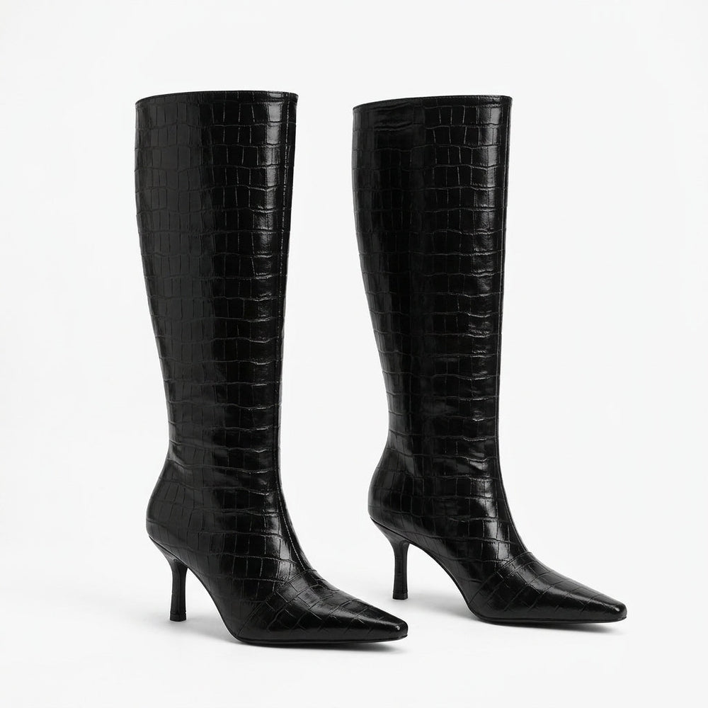 Vernelle | Women's Knee-High Boots Croc-Effect Heeled - Black - Image 2