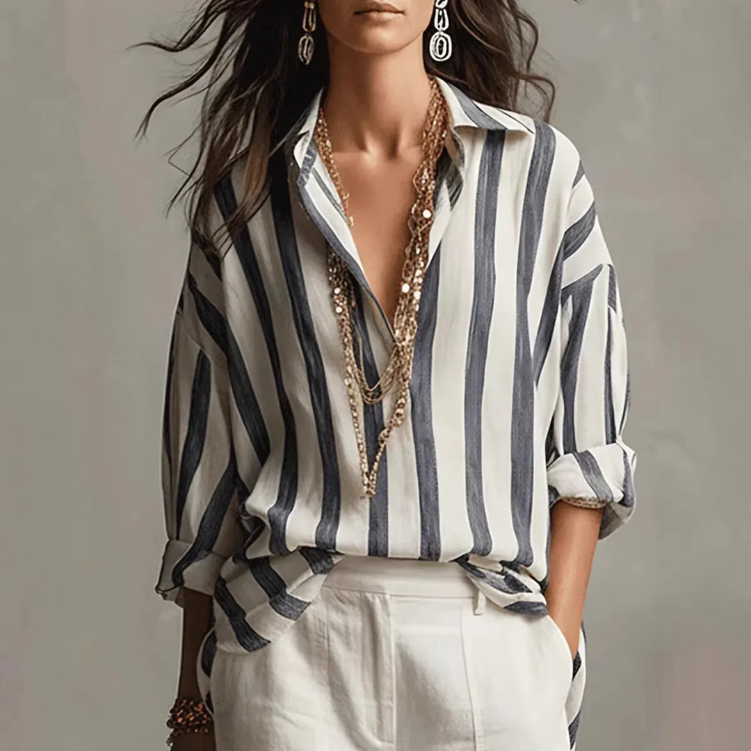 Veronique | Women's Striped Collared Long Sleeve Blouse - Striped - Image 1