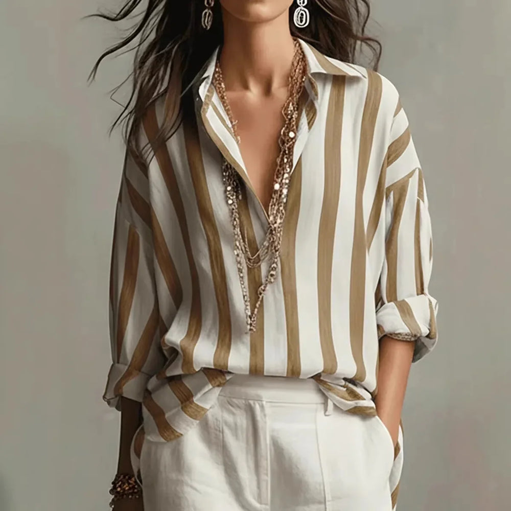 Veronique | Women's Striped Collared Long Sleeve Blouse - Striped - Image 2