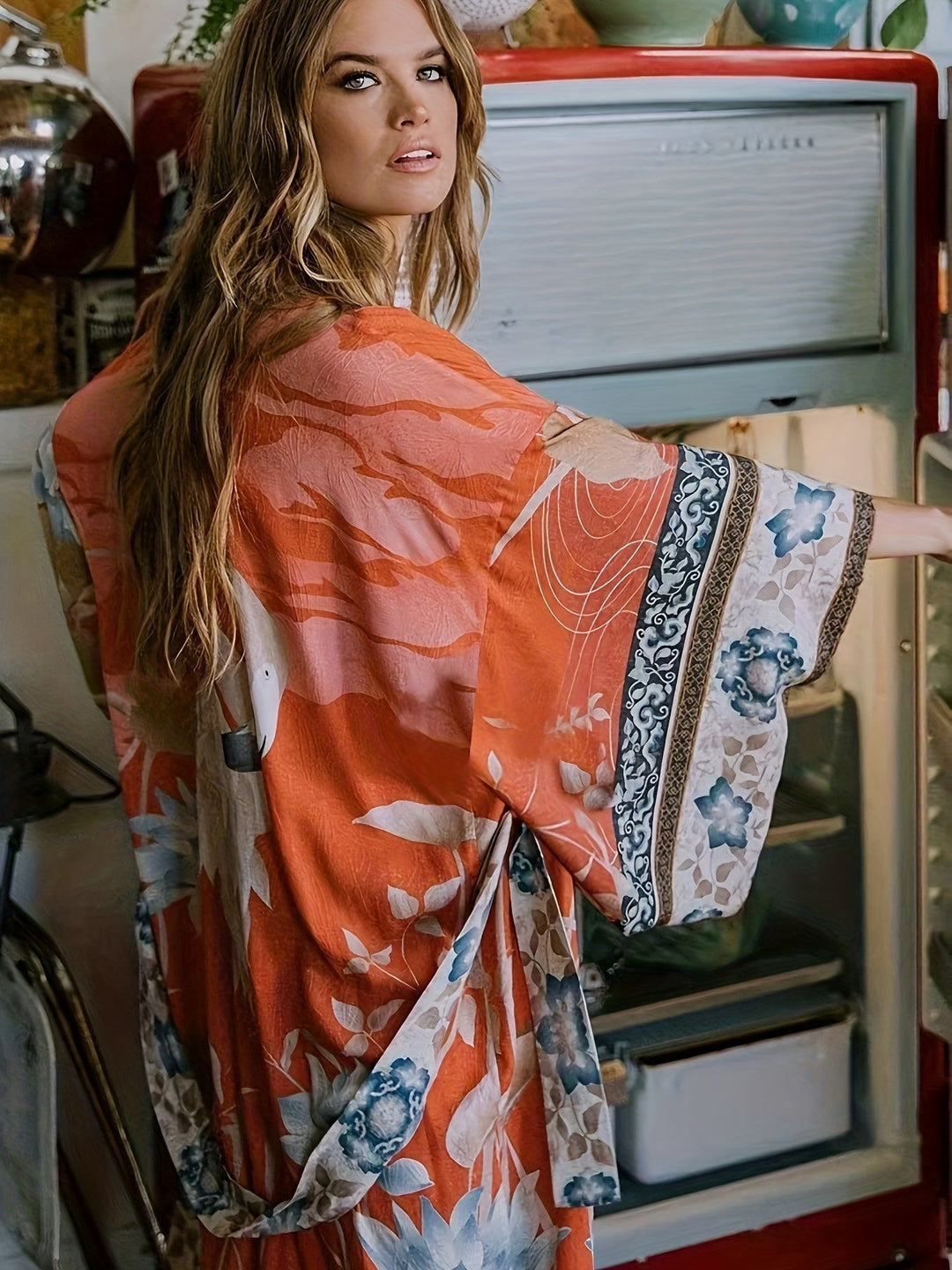 Vesna | Women's Floral Print Open Front Maxi Kimono - Orange - Image 1