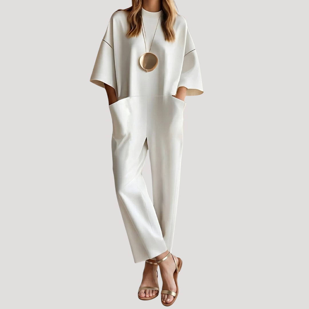 Vesna | Women's Wide Leg Round Neck Jumpsuit - Cream - Image 1