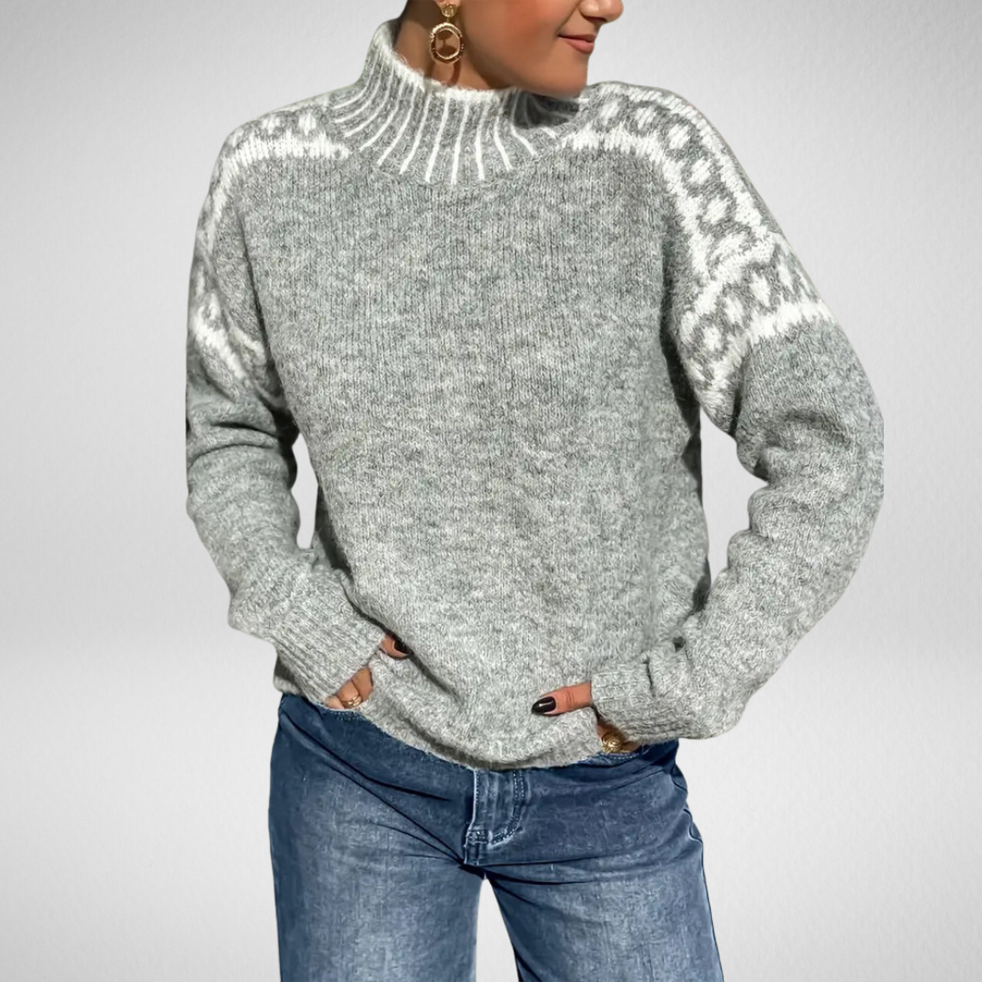 Vespara | Women's Turtleneck Ribbed Knit Jumper - Light Grey - Image 1