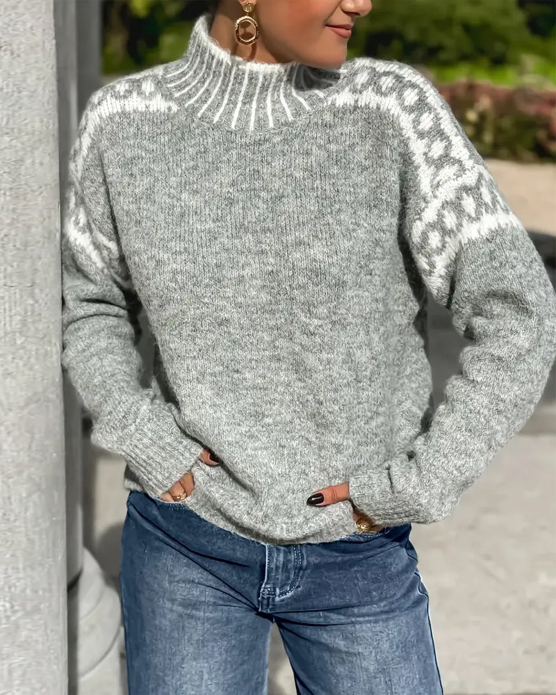 Vespara | Women's Turtleneck Ribbed Knit Jumper - Light Grey - Image 2